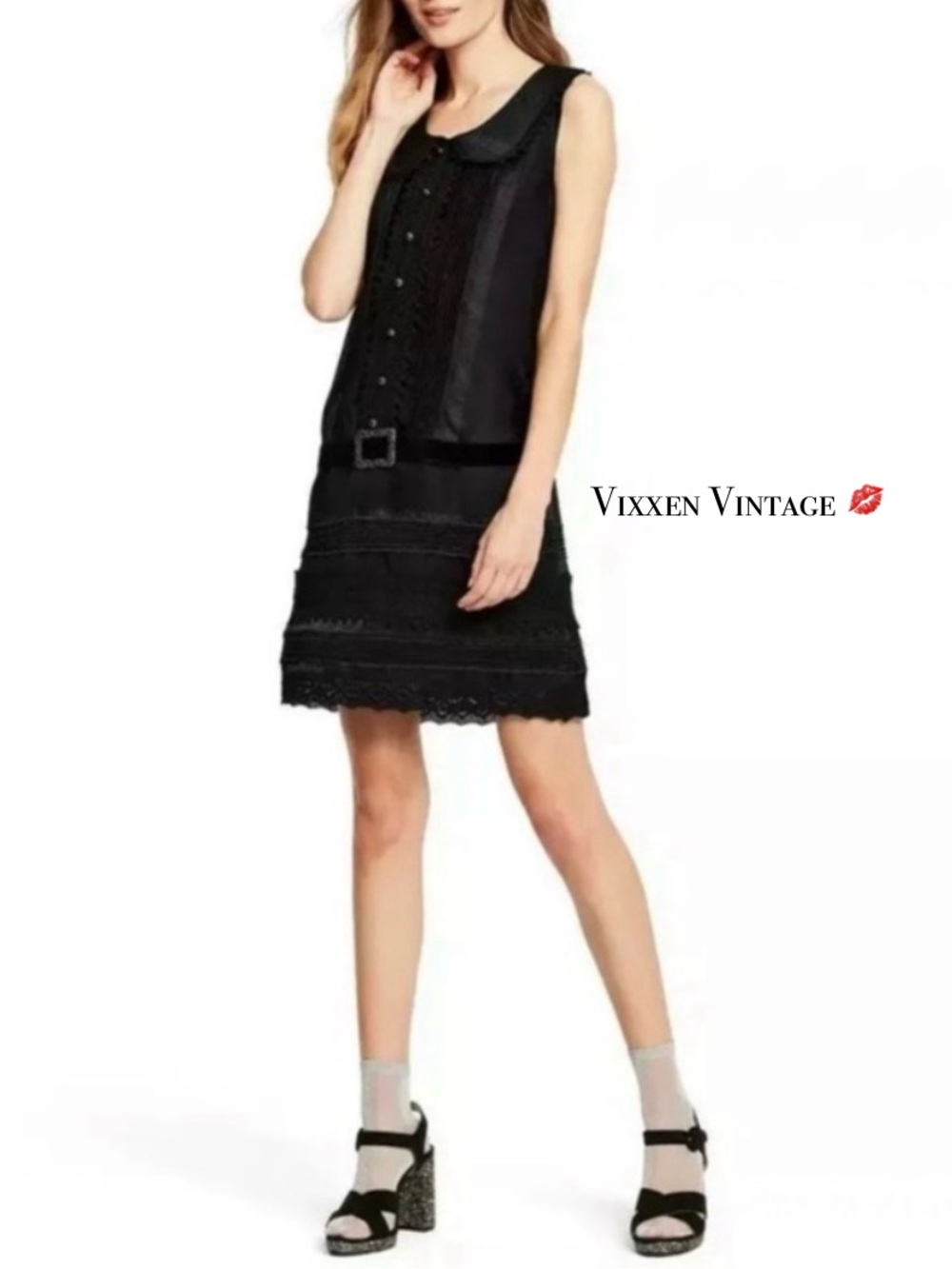 ANNA SUI X TARGET SLEEVELESS MIXED MEDIA PETER PAN COLLAR DROPWAIST SHIFT DRESS